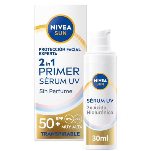 Nivea Sun Primer Sérum UV Diario 2en1, sérum facial con protección solar SPF 50+, protector solar facial que protege y suaviza la piel, crema solar con Ácido Hialurónico y Licocalcón A, 1 x 30 ml