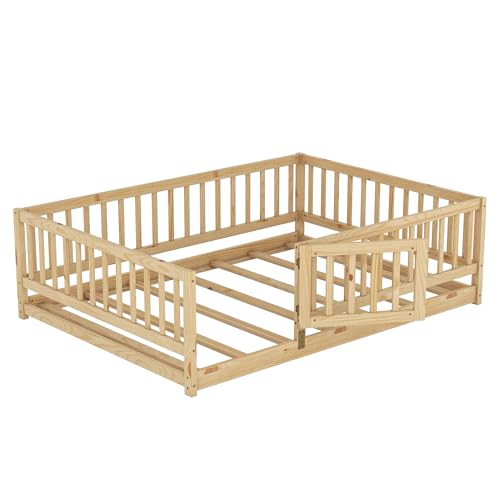 Image of Bellemave Full Size Montessori Floor Bed with Door & Slats, Solid Wood Kids Floor Bed Frame with High Safety Fence, Low Profile Bed for Boys & Girls, Natural