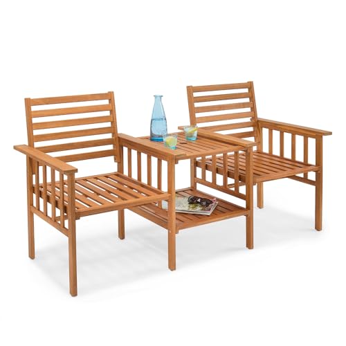 VonHaus Garden Love Seat - Acacia Hardwood Outdoor Jack & Jill Loveseat with Teak Oil Coating - Wooden Tete a Tete for 2 People for Patio & Terrace - Weather Resistant - Cannes