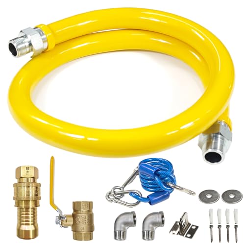 Safety System Kit, 3/4 In ID 48" Gas Hose Connector Kit with Elbows Quick Disconnect Gas Line Hose Full Port Gas Valve Restraining Device and Swivel Connector for Commercial