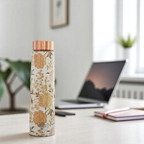 Image of Indian Art Villa Copper Gold Flower Print Bottle - 800 ML, Pure Copper Ayurvedic Water Bottle with Leak-Proof Lid, Ideal for Office, Yoga, Travel, and Gifting