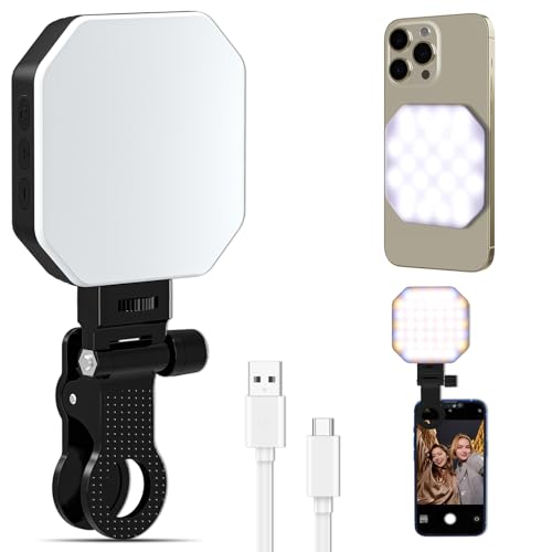 Magnetic Selfie Light with Clip, Rechargeable Portable LED Fill Light for iPhone/Laptop, 2500-6500K & CRI97+ Small LED Phone Fill Lighting, Adjustable 3 Modes for Vlog/Makeup/Live Streaming