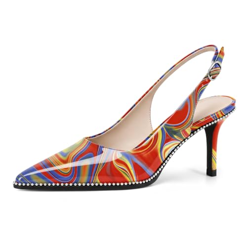 Image of YODEKS Slingback Heels for Women Pointy Toe Beaded Heels Close Toe Kitten Heel Pumps 2.5 Inch Stiletto Pumps Wedding Party Dressy Shoes