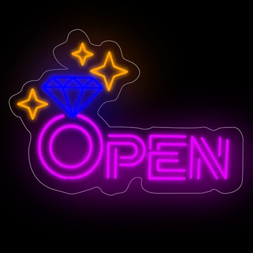 Image of Diamond Open Indoor Neon Sign For Jewelry Store Business Open LED Light | USB Powered Dimmable Diamond Storefront Wall Art Diamond & Sparkle Stars Wall Decoration, 16.5 inchx11 inch, Purple