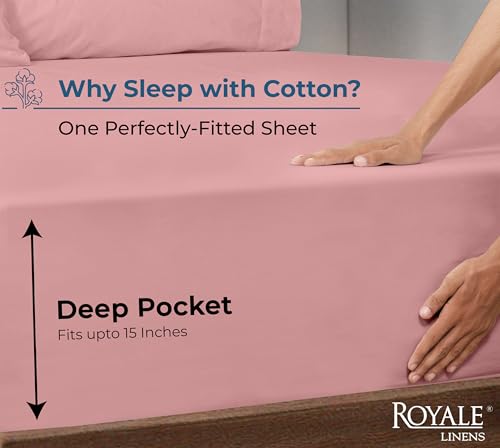 Image of Royale Linens 100% Organic Cotton Fitted Sheet - Percale Weave - Super Soft Deep Pocket Bottom Sheets - White Elastic Sheet King Size - King Fitted Sheets Only - (78 inchx80 inch+15 inch, Pink)