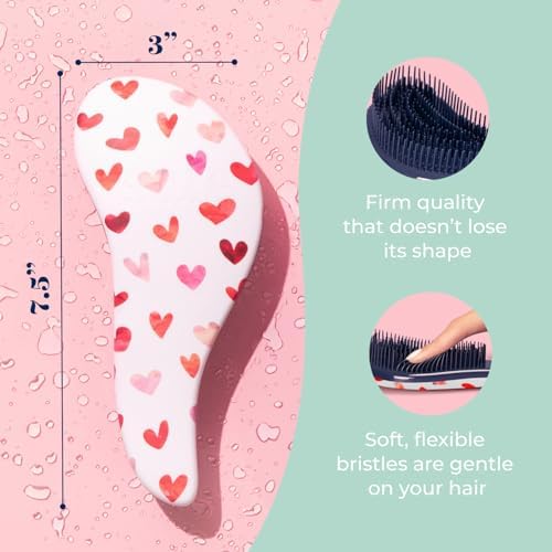 Glide Thru Hair Brush - Detangler Brush for Curly, Straight, Wet or Dry Hair - Gentle Detangling Brusheses for Adults, Kids, Toddlers - Hair Accessories for Women, 7.5"x3" - Pink Hearts