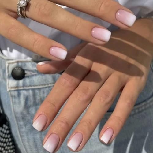 24 Piezas Uñas Postizas Cortas Cuadradas, 12 Tamaños Natural Uña Falsa Tips Francesas Rosa Blanco Degradado Uñas de Gel Postizas, Acrilico Cobertura Completa Press on Nails para Mujeres Niñas
