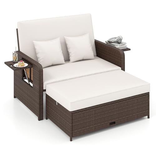 GIANTEX Canape Exterieur Jardin 2 Pièces, Canapé de Jardin 2 Places en Rotin PE, Ottoman de Rangement, Dossier Réglable, Tables d'Appoint Rétractables,...