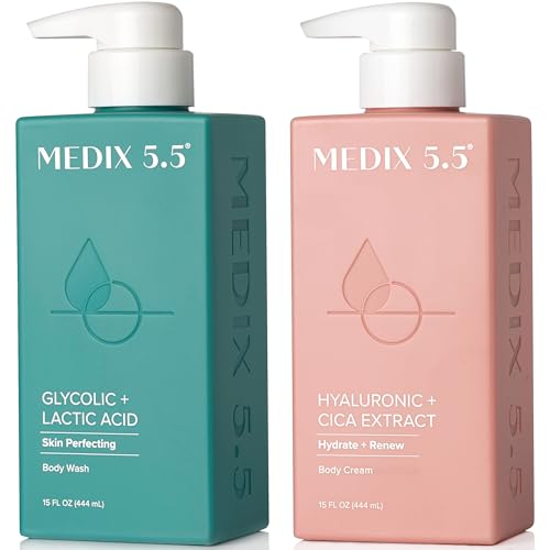 Image of Medix 5.5 Exfoliating AHA Glycolic Acid Face & Body Wash Cleanser + Hyaluronic Acid Moisturizing Body Cream Lotion Skin Care 2-Piece Set, Alpha Hydroxy & Lactic Foaming Face Wash