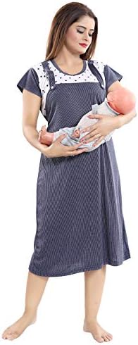 Fabme Women's Polyester Blend Dungaree Knee Length Nighty Pre and Post Pregnancy