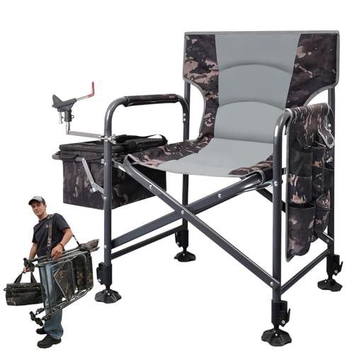 FUNHORUN Fishing Chair with Rod Holder, Folding Heavy Duty Ice Fishing Camping Chair with Liftable Cooler Bag, Cup Holder, Adjustable Legs