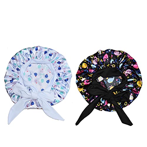 2Pcs Pack Pattern Baby Bonnet Kids Bonnet Infant Satin Silk Hair Bonnets For Girls Boys Toddler Newborn Infants With Tie Band Bow 0-36 Month #TOP2