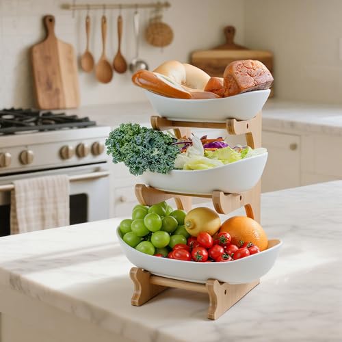 SEVEN SPARTA Fruit Bowl for Kitchen Counter - 3 Tier Ceramic Serving Bowls with Bamboo Stand, Tiered Fruit Basket for Fruit Vegetable Storage, Cake, Dessert, Nuts, Snack, Salad (Dishwasher safe) by SEVEN SPARTA - Image 8