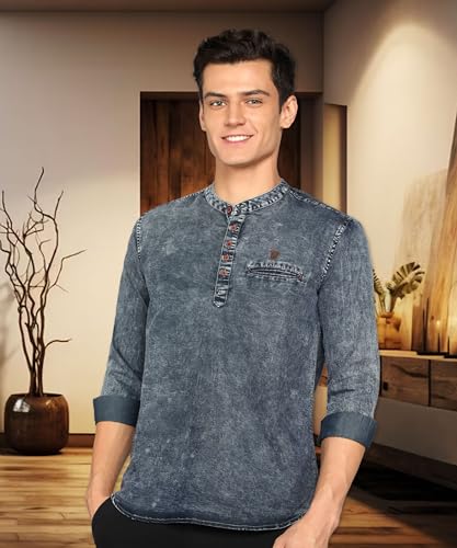 Image of Kuons Avenue Men's Denim Casual Short Kurta | Mandarin Collar | Full Sleeves | Tailored Fit- Stylish Ethnic Wear