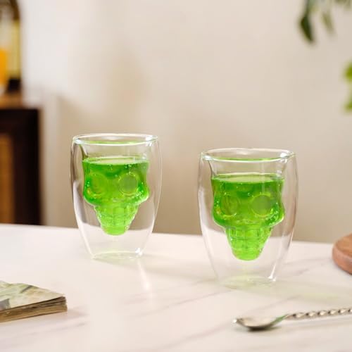 Image of Nestasia Skull Shaped Double-Walled Glass Tumblers Set of 2 (250ml) | Microwave & Dishwasher Safe | Stylish Glasses for Cocktails, Parties, Margaritas