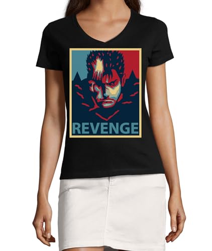 T-shirt anime col en V noir en coton finie la décoloration pour femme active