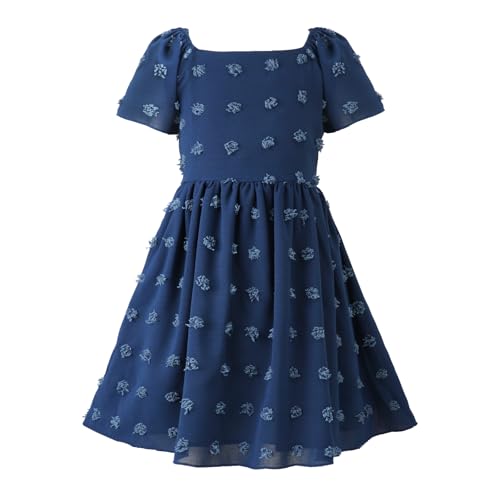 Image of HILEELANG Girls Summer Dress Bow Tie Back A-Line Party Dress for Little Big Girls Short Sleeve Dress with Lining 6-12 Years