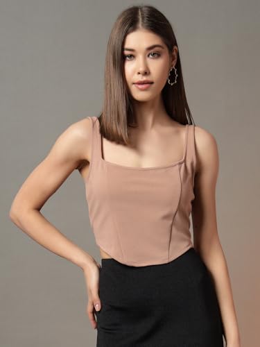 Image of Trend Arrest.ed Women's Stretchable Corset Style Crop Top | Square Neck Sleeveless Zipper Back Body-Hugging Fit | Casual