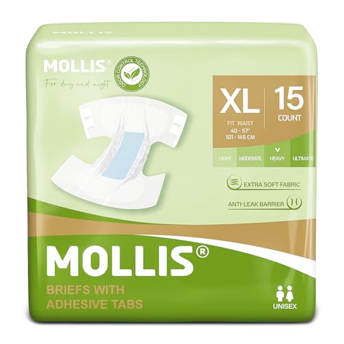 MOLLIS Windeln für Erwachsene, Windelhosen für Männer und Frauen, Inkontinenz Slip mit Tabs, maximale Saugfähigkeit, Auslaufschutz über Nacht, Unisex, Größe XL, 15 Stück