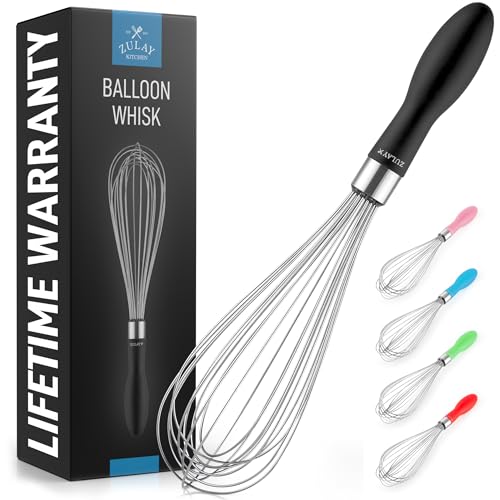 Image of Zulay Kitchen Stainless Steel Balloon Whisk 12 Inch - Heavy Duty and Durable Wire Whisk with Non-Slip Silicone Handle for Blending, Whipping & Beating - Black