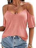 Eachyes Womens Summer Cold Shoulder Tops Low Back Short Sleeve V Neck T Shirts Sexy Casual B Coral Large