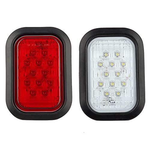 Partswcgg 6Pcs 5"X3" Rectangle Led Stop/Turn/Tail/Brake & Backup Reverse Truck Trailer Tail Hitch Lights 12 Led W/Grommets & 3 Wire Pigtail Plug Kit Waterproof (4Xred+2Xwhite) #TOP1