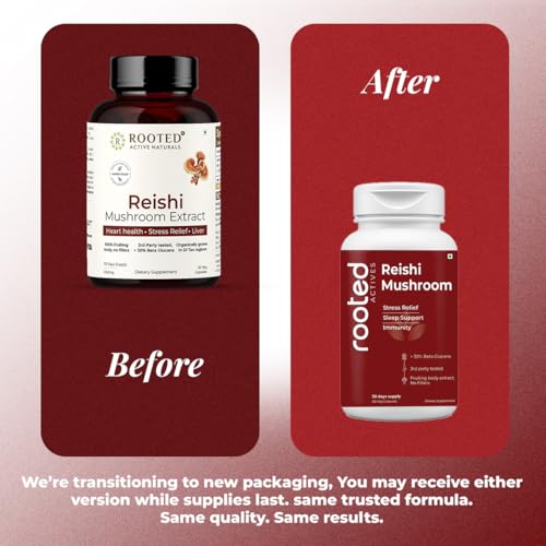 Image of Rooted Actives Reishi Mushroom Extract Powder (90 Veg Caps, 500 Mg) | Heart Health, Stress Relief, Liver Support | USDA Organic | 30% Beta Glucans | Herbal Supplement | Capsule Form