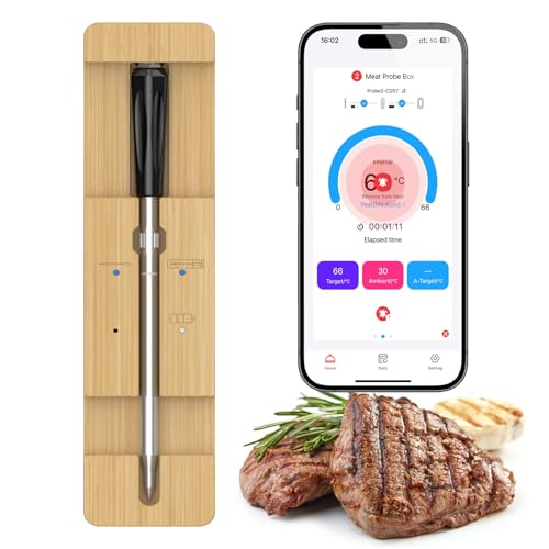 Termómetro de Carne Inalámbrico,50M Termómetro de Cocina Con Bluetooth,Termómetro de Barbacoa Impermeable IPX7 para Monitoreo Remoto Cocina Termómetro de Cocina Inteligente para Parrilla, Horno