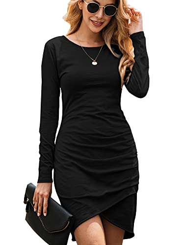 Ajpguot Damen Mode Gerafft Bodycon Kleid Langarm Rundhals Basic Kurz...
