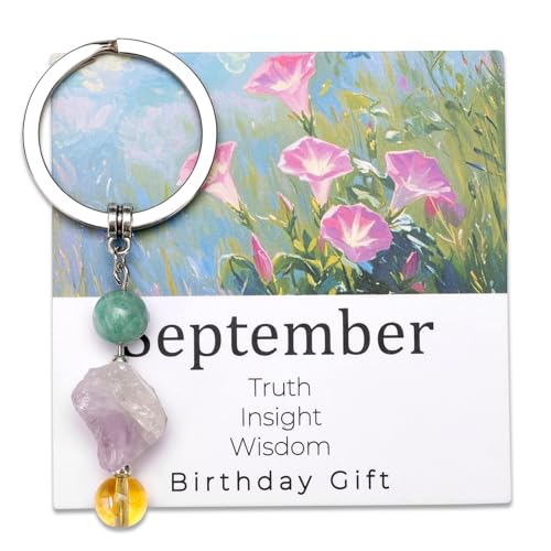 Raicegs September Birthstone Keychain for Women Cute Crystal Birth Flower Key Chain Natural Stone Unique September Birthday Gifts for Women September Birthstone Jewelry