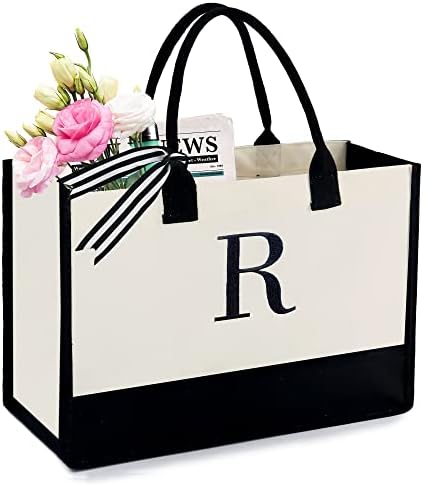BeeGreen Embroidery Initial Canvas Tote Bag Monogram Personalized Gifts Bags for Birthday Beach Work Wedding Gift Basket for Women Teacher Mom Friend Coworkers Sister Nurse Cute Totes Cool (Letter R)