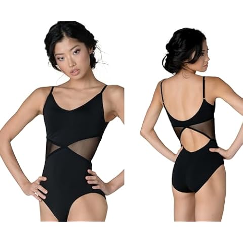 Danz N Motion Womens Camisole Mesh-Waist Leotard Style 21100A, Black, Adult Size Large Cover