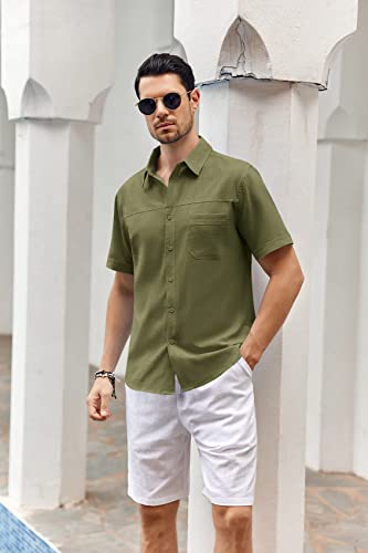 Makkrom Men's Linen Shirt Button Down Short Sleeve Shirts Summer Casual Cotton Spread Collar Beach Shirts Army Green #TOP2