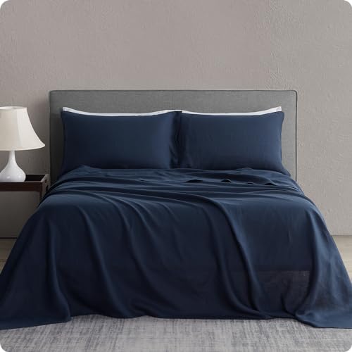 DAPU Pure Linen Sheets Set, 100% French Linen from Normandy, Breathable and Durable for Hot Sleepers, 4 Pcs Set - 1 Flat Sheet, 1 Fitted Sheet, 2 Pillowcases (Navy Blue, Queen)
