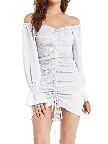 LYANER Women s Off The Shoulder Ruched Drawstring Shirred Long Sleeve Bodycon Mini Dress White Small