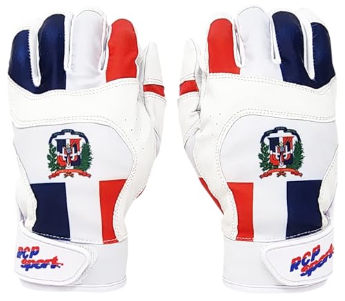 RCP Baseball and Softball Batting Gloves â€“ Rip and Tear Resistant â€“ Reinforced Crotch, Padded Protection, Adjustable Sizes, Guantes de bateo (Youth Large, Dominican Republic Flag)