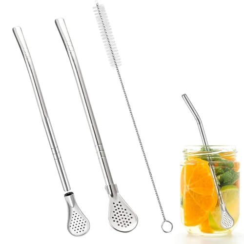 WUSJCOF 2 pajitas con filtro de té,con forma de cuchara,de acero inoxidable,aptas para lavavajillas,con cepillo