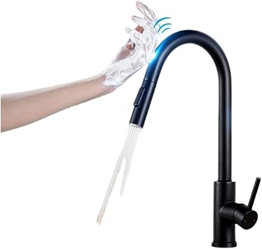 KCNN Touch Kitchen Faucet, Mixing Faucet, Touch Sensor Faucet, Kitchen Faucet, Pull-Out Type, 2-Mode Water Flow, 360 Degree Rotation, Single Lever Stainless Steel, Metal Sensor Faucet Black