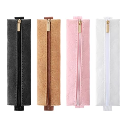 Ymapinc 4Pcs Elastic Pen Holder for Notebook, Adjustable Pencil Holder for Book Journal, Planner Pen Pouch with Zipper Sleeve Binders Books - Black, White, Brown, Pink