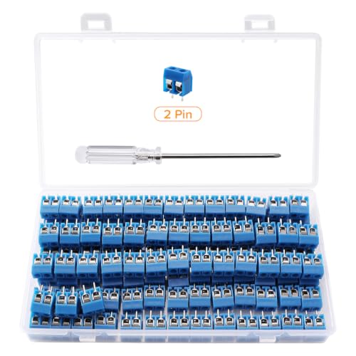 Image of Lyeteung 120 PCS 5mm Pitch 2 Pin PCB Mount Screw Terminal Block Connector, PCB Terminal Block, with Screwdriver, for Arduino DIY Project, Blue