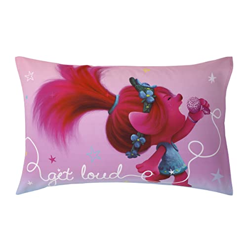 Image of NoJo DreamWorks Trolls Show Up Glow Up Pink and Blue, Hearts and Stars 4 Piece Toddler Bed Set - Comforter, Fitted Bottom Sheet, Flat Top Sheet, and Reversible Pillowcase