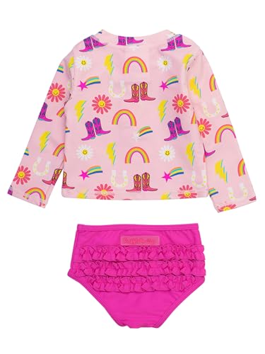 Image of RuffleButts Baby /Toddler Girls Long Sleeve Rash Guard 2 Piece Swimsuit Set w /UPF 50+ Sun Protection with Zipper