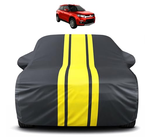 Image of Auto Hub Car Cover Compatible with Maruti Brezza (Model-2015-Till Date) with Mirror Pocket, Soft Cotton Lining, Brezza Car Cover Waterproof - Yellow-Black