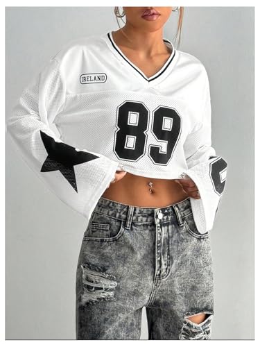 GORGLITTER Women's Number Graphic Jersey Crop Top Shirts Y2K 90s Bell Long Sleeve V Neck Graphic Tee4