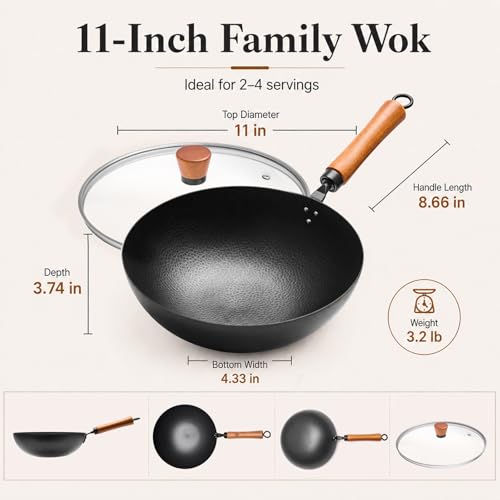 VIVIDCOOKWARE 11" Round Bottom Carbon Steel Wok with Glass Lid, Traditional Chinese Stir Fry Pan for Gas Stove & Wok Ring, 3.2 QT Small Wok for 1–3 People, Uncoated, Wood Handle, Seasoning Required — view 6