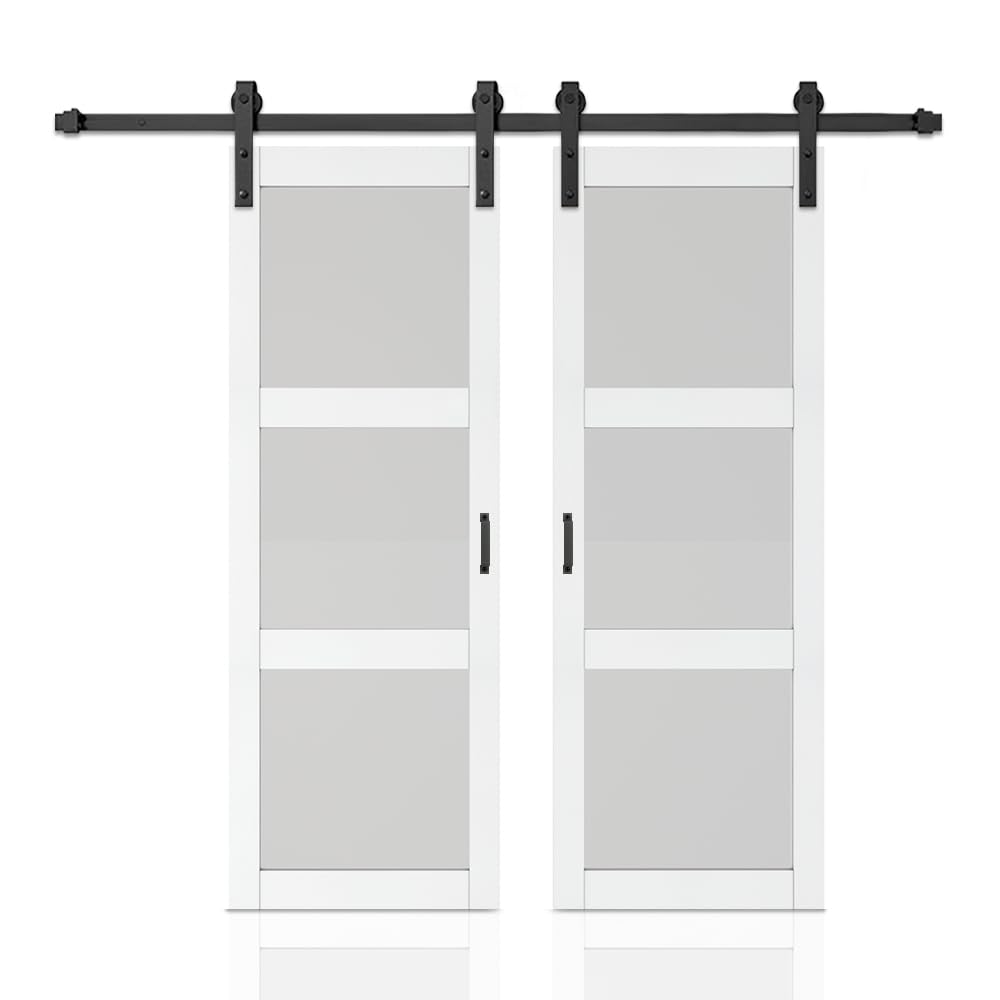 48 in. x 84 in. 3-Lite Tempered Frosted Glass White Finished Composite Double Sliding Barn Door with Hardware Kit Handle