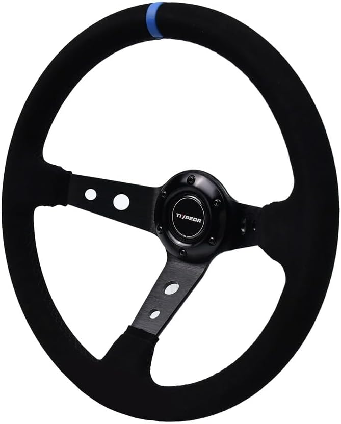 Reinforced Steering Wheel 13.78 Inch/350MM Sport Steering Wheel (3.5" Deep) - Black Suede, Blue Center Mark with Blue Stitching