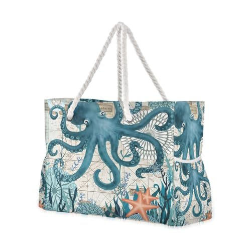 senya Large Beach Bags Totes Canvas Tote Shoulder Bag Soft Wave Water Resistant Bags for Gym Travel Daily Ocean (Ocean Octopus Vintage)