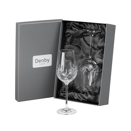 Denby - Celeste Crystal White Wine Glasses Set of 2-350ml - Lead-Free, Hand Cut Design, Long Stem Red & White Wine Glasses - Dishwasher Safe - for Cocktails, Aperol Spritz - with Gift Box