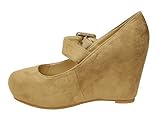 Bella Marie Narine-1 Women's Round Toe Platform Wedge Heel Squeaky Mary Jane Suede Shoes Taupe 8.5